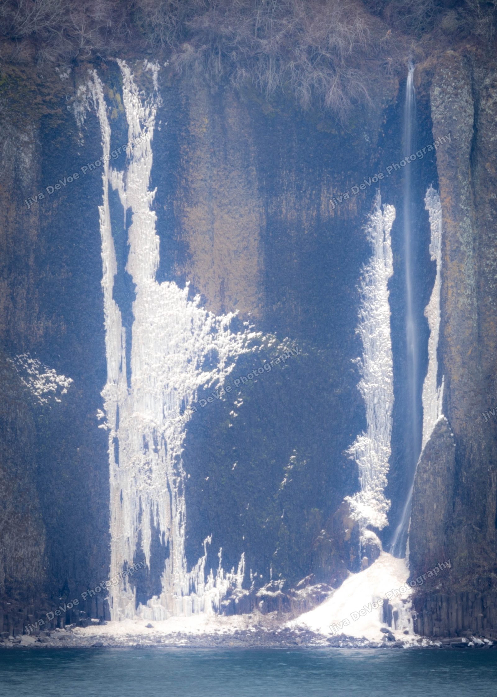 Frozen waterfall on a basalt cliff in the Columbia River Gorge