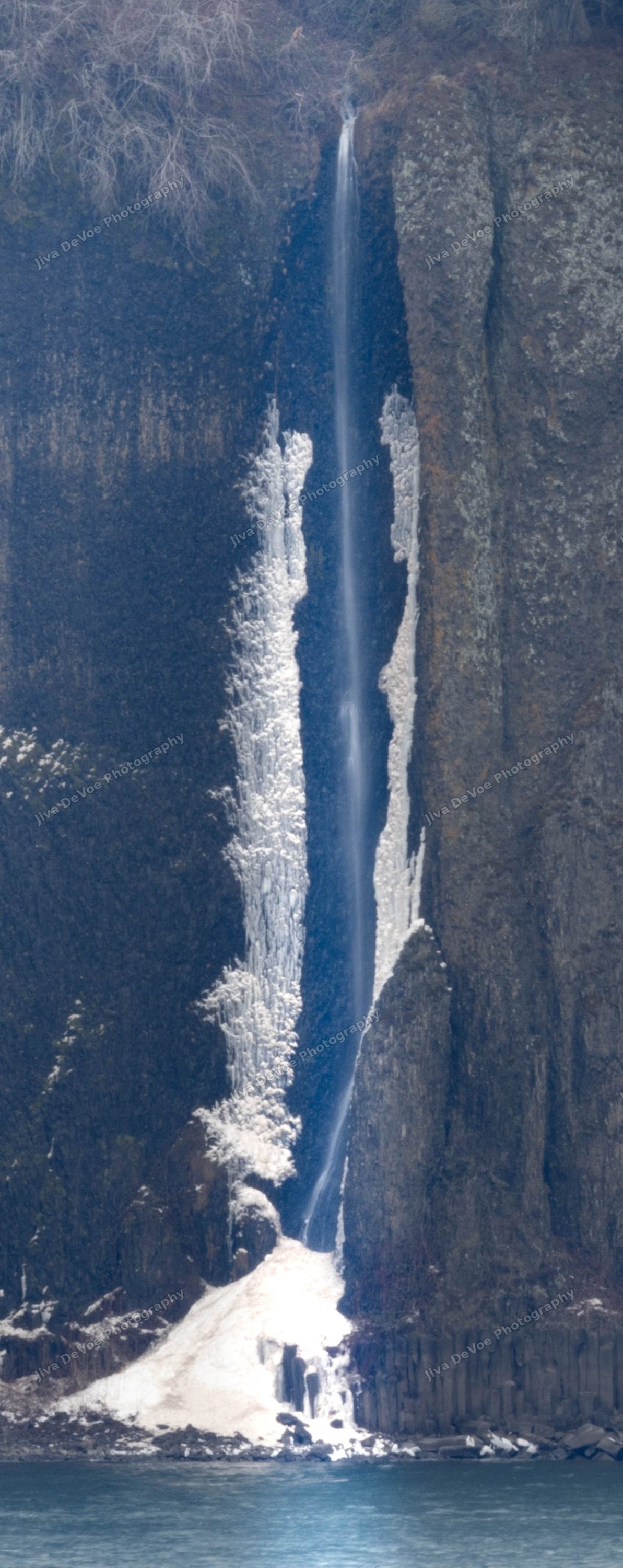 Ice-covered falls and basalt columns in the Columbia River Gorge