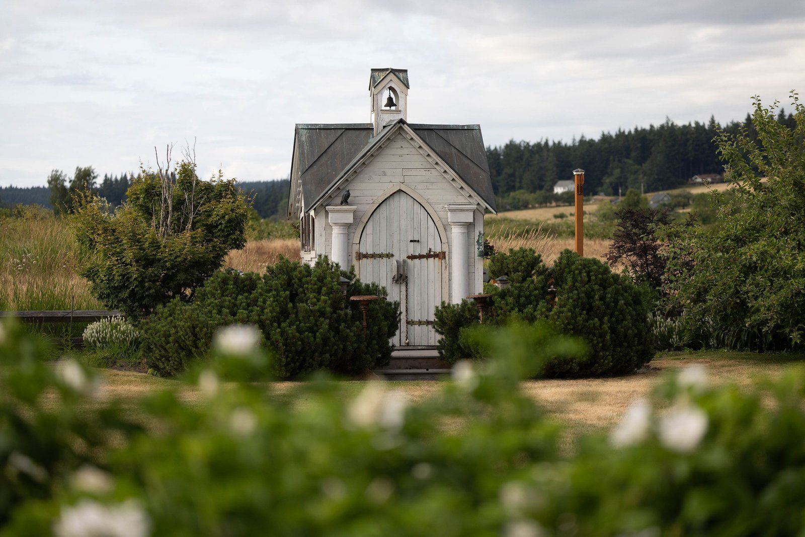 A small white chapel among summer gardens