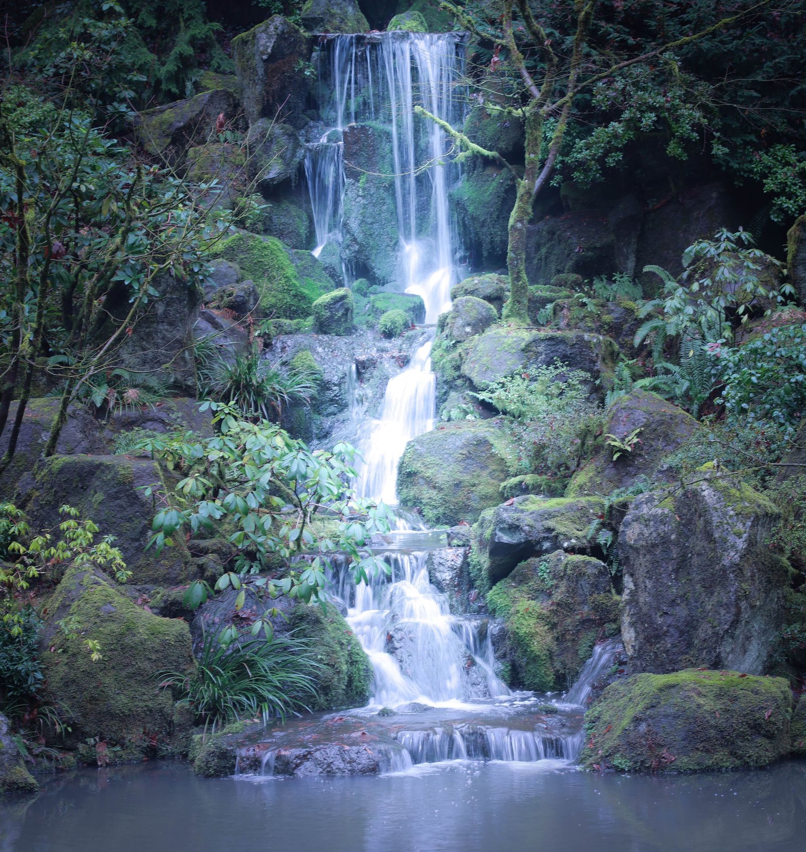 Waterfall over moss-covered rocks